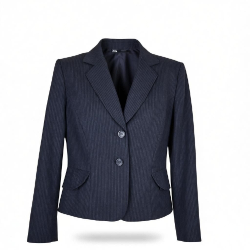 Tahari ASL Blazer Size 14P Black Gray Pinstripe Peplum 2 Button Notch Collar